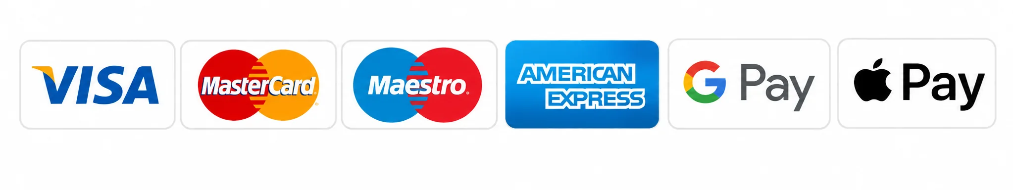 Accepted payment methods: Visa, Mastercard, Maestro, American Express, Google Pay and Apple Pay
